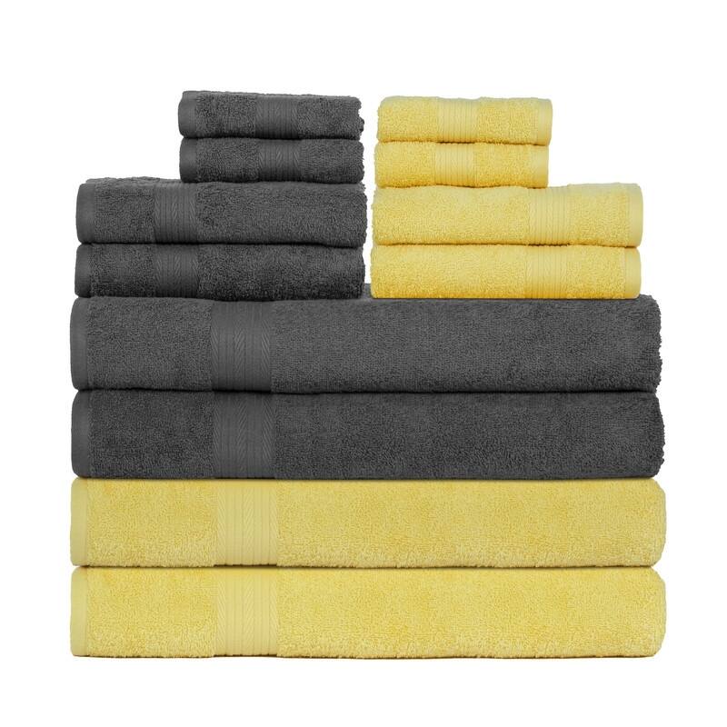 Cotton 600GSM Bathroom Towel Set 12 Pcs Assorted Color by Ample Decor - 4Bath 4Hand 4Wash - Gray - Yellow