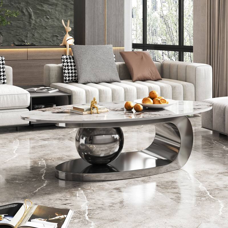 51 Inches Oval Faux Marble Coffee Table For Living Room With Stainless Steel Base