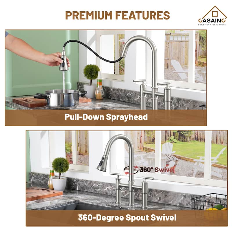 Double Handle Bridge Pull-Down Sprayhead Kitchen Faucet
