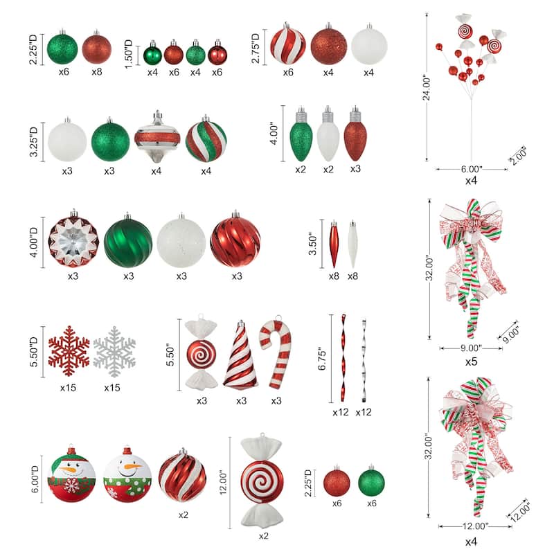 Glitzhome 178ct Christmas Ball Shatterproof Ornaments with Candy Picks & Ribbon Bow (Set of 191)