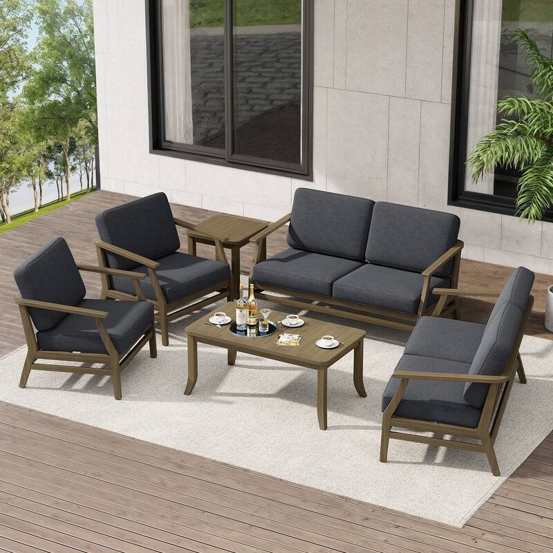 Teak Outdoor Patio Conversation Set with Cushions and Tables (6-Piece)