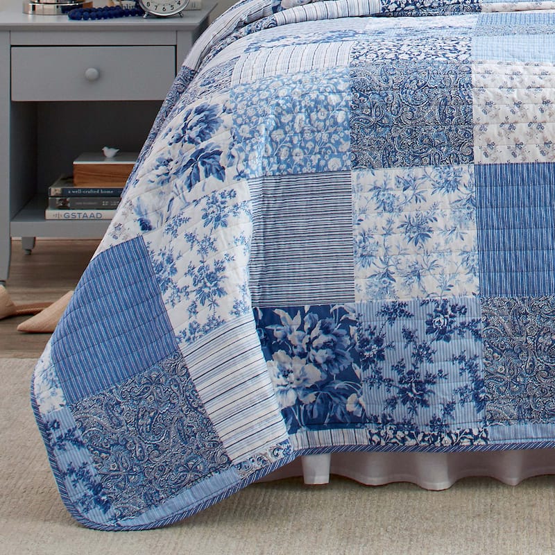 Laura Ashley Paisley Patchwork Cotton Reversible Blue Quilt Set