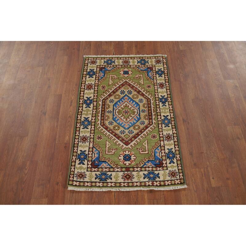 Hand Knotted Oriental 100% Wool Carpet Traditional Geometric Green Kazak Area Rug - 3' 1'' X 2' 0''