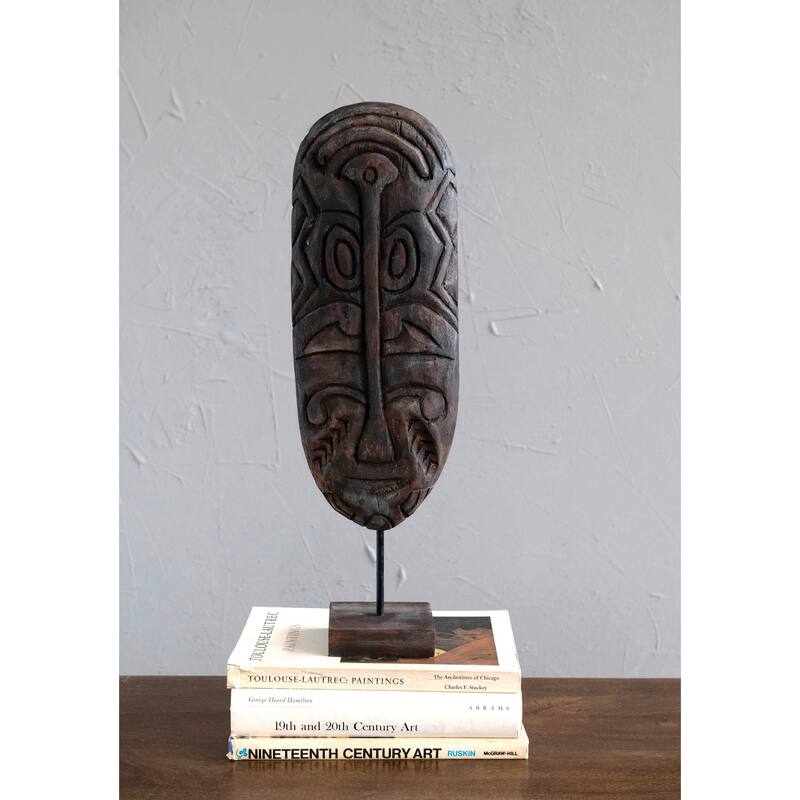 Hand-Carved Mango Wood Mask on Stand, Dark Finish