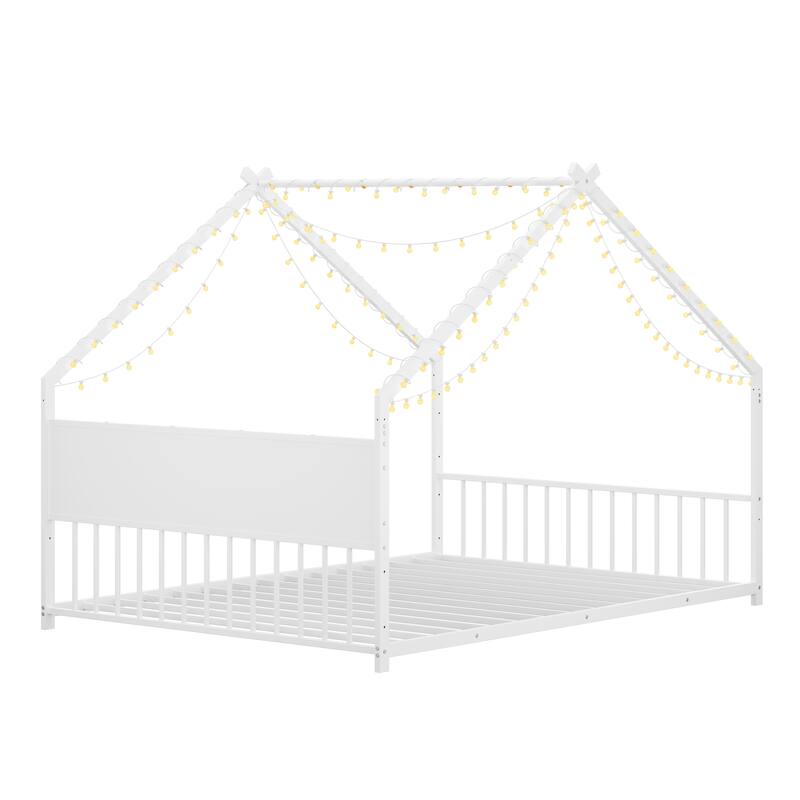 Full Size Canopy House Bed with LED Lights, Sturdy Metal Frame & Slats for Kids & Teens, No Box Spring Needed (White)