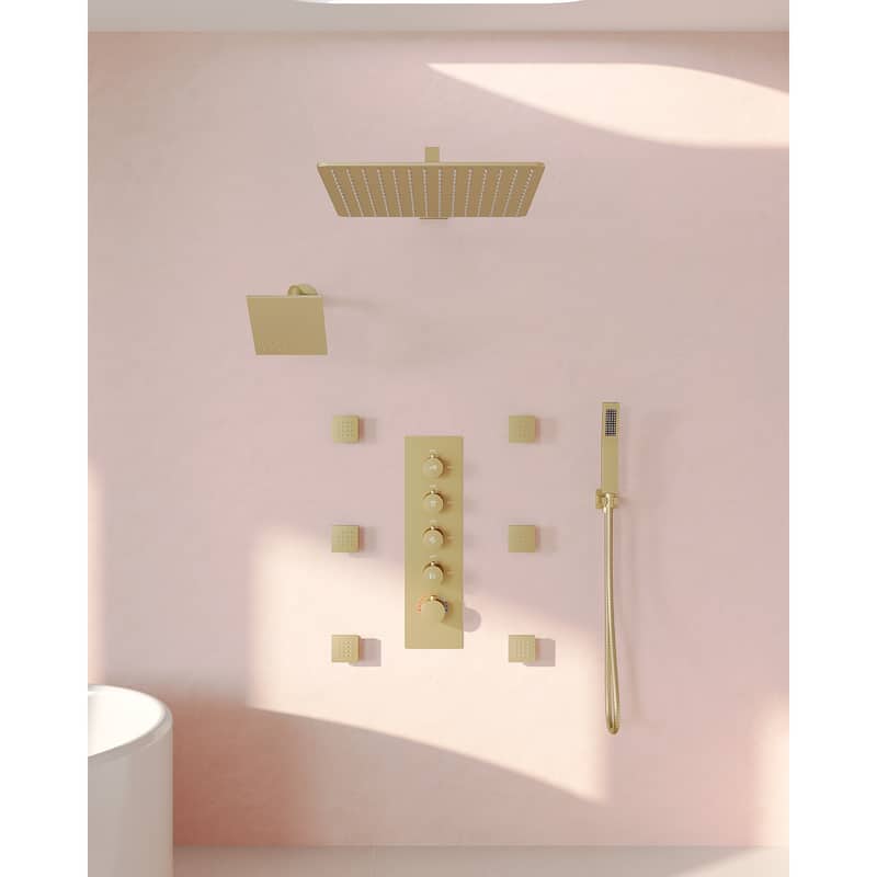 GRANDJOY Shower System Dual Shower Heads 16" and 6" Wall Mounted High Pressure Handheld Spray 6 Body Jets Thermostatic - Brushed Gold