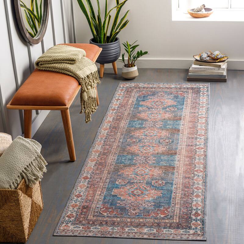 Livabliss Traditional Colin Medallion Washable Area Rug - 2'7" x 12' - Peach/Blue