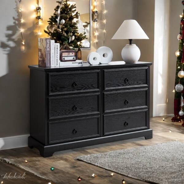 black modern farmhouse dresser Garvee 47" Wide 6 Drawer Dresser, Black Modern Wooden Chest Rustic Farmhouse Bedroom Nursery Living Room