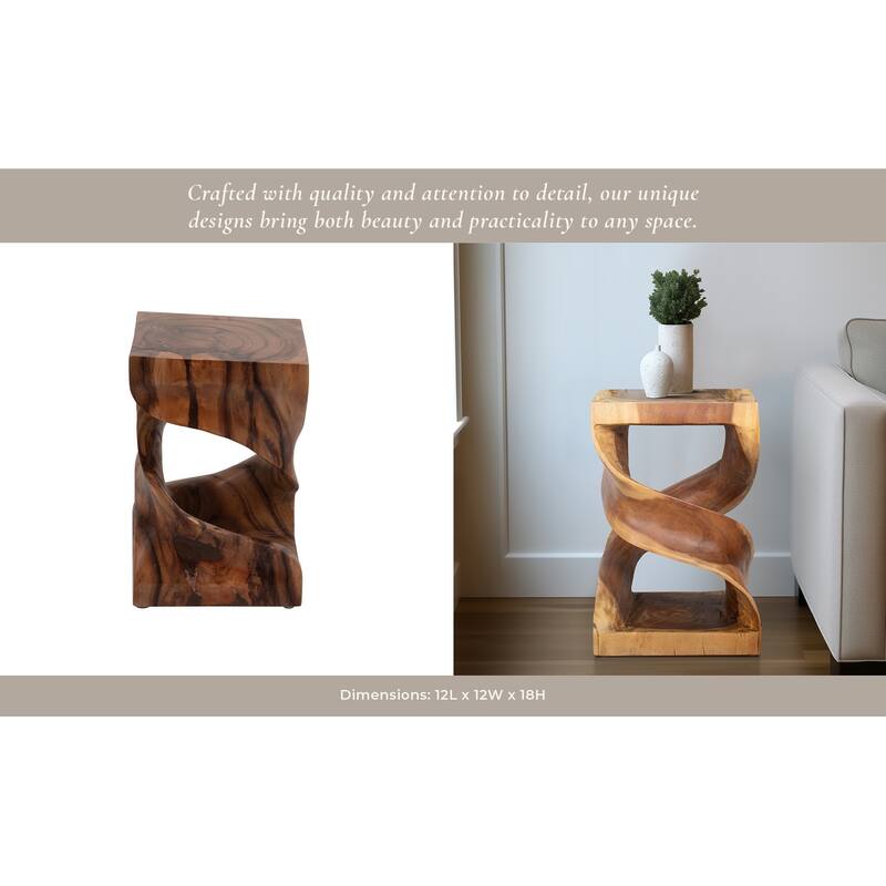 Hand-Carved Suar Wood Twist Accent Table - 18" Brown Side Table for Living Room, Bedroom, or Office - 12" x 12" x 18"