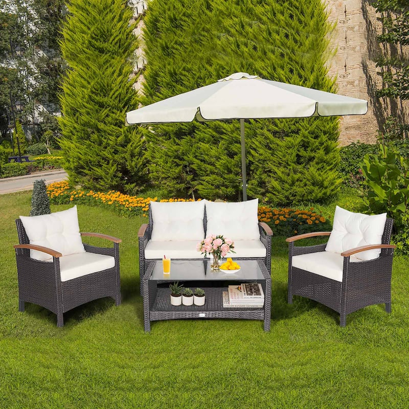 Costway 4PCS Patio Rattan Furniture Set Cushioned Sofa Storage Table - White