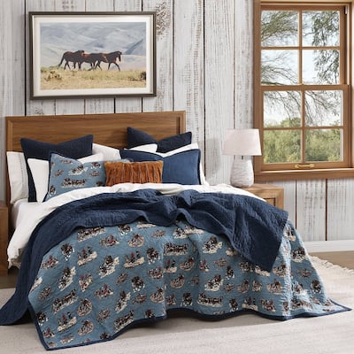 Tasha Polizzi Settler Blue Western Print and Solid Chambray Back 3 Piece Reversible Quilt with Pillow Shams