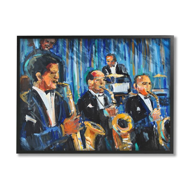 Stupell Contemporary Saxophone Jazz Ensemble Expressive Musicians Framed Wall Art - Blue - 16 x 20 - Black