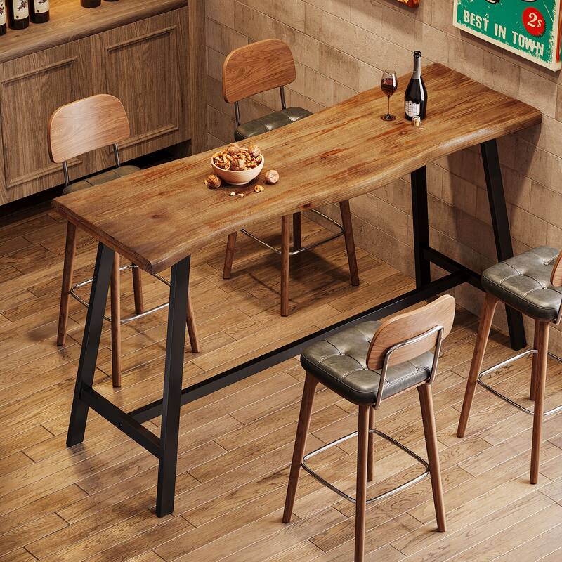 55.1-Inch Solid Wood Bar Table with Sturdy Metal Frame