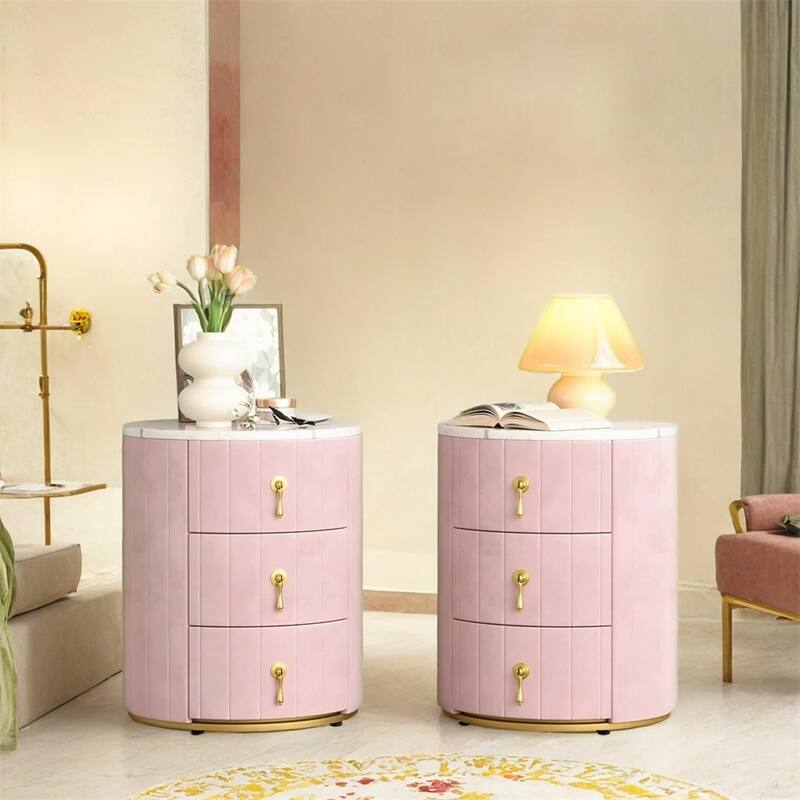 2 Set Upholstered Nightstand with 3 Drawers,Round Bedside Table