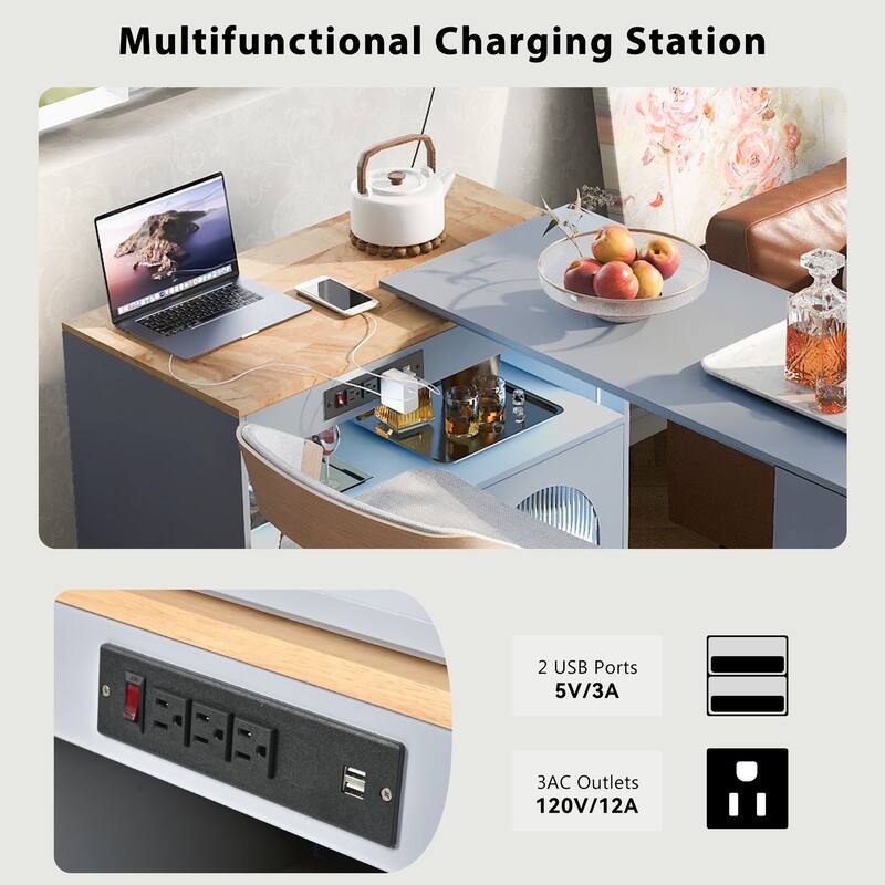 33 in. W Kitchen Island Rubberwood Top on 8 Wheels With Extended Table, LED Lights, Power Outlets