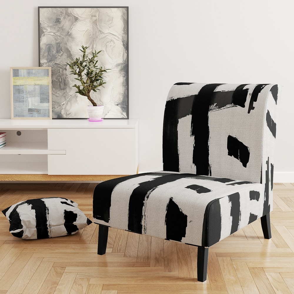 Designart "Black & White Crossing Paths II" Upholstered Abstract Accent Chair - Modern Arm Chair For Living Room