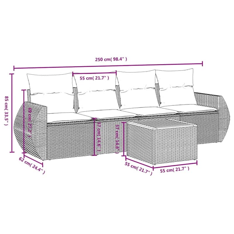 vidaXL 5 Piece Patio Sofa Set with Cushions Black Poly Rattan - 21.7" x 24.4" x 27.2"