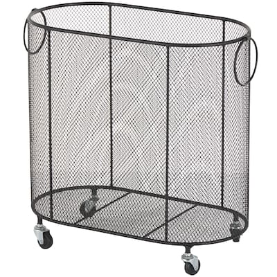 Metal Oval Mesh Wire Rolling Laundry Storage Cart with Ring Handles - Black or Gold - Roche River Decor