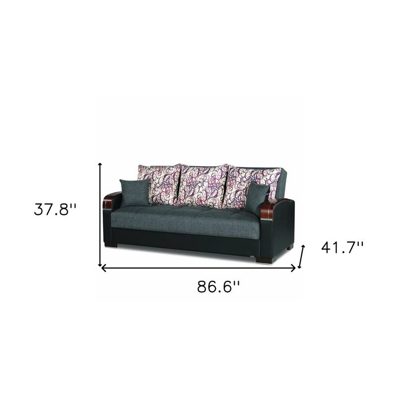 HomeRoots 87" Gray Polyester Convertible Futon Sleeper Sofa And Toss Pillows With Storage
