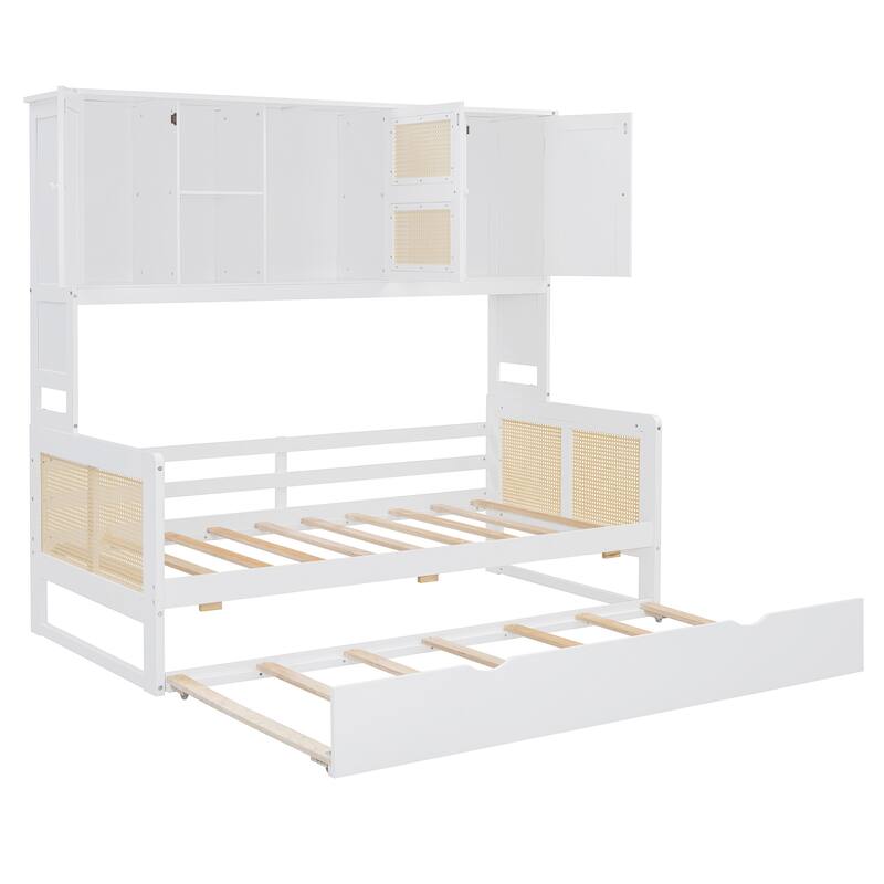 Twin Daybed with Roll-Out Trundle, Storage Shelves & Cabinet, Sturdy Wood Construction