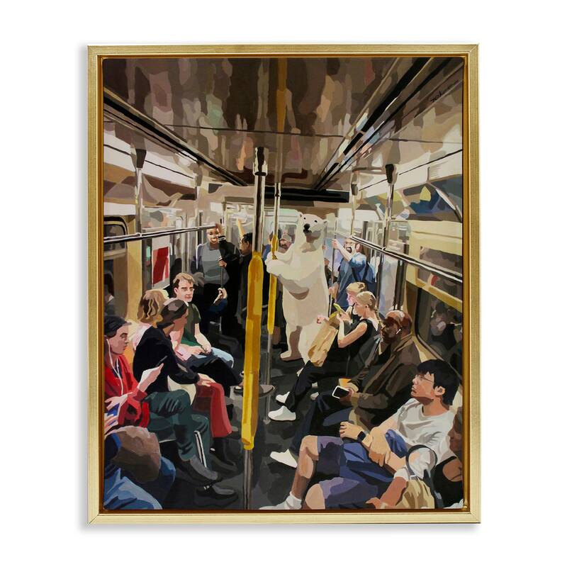 Stupell Polar Bear on Subway Framed Floater Canvas Wall Art Design By Keith Thomson - 17 x 21 - Gold