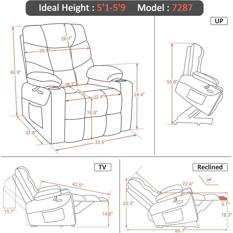 MCombo Electric Power Lift Recliner Chair Sofa for Elderly, 2 Side Pockets and Cup Holders, Faux Leather 7288