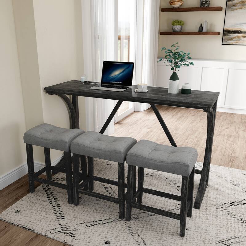 Industrial-Style Bar Table Set with Built-In Power Outlet – 4-Piece Dining & Game Room Furniture‌
