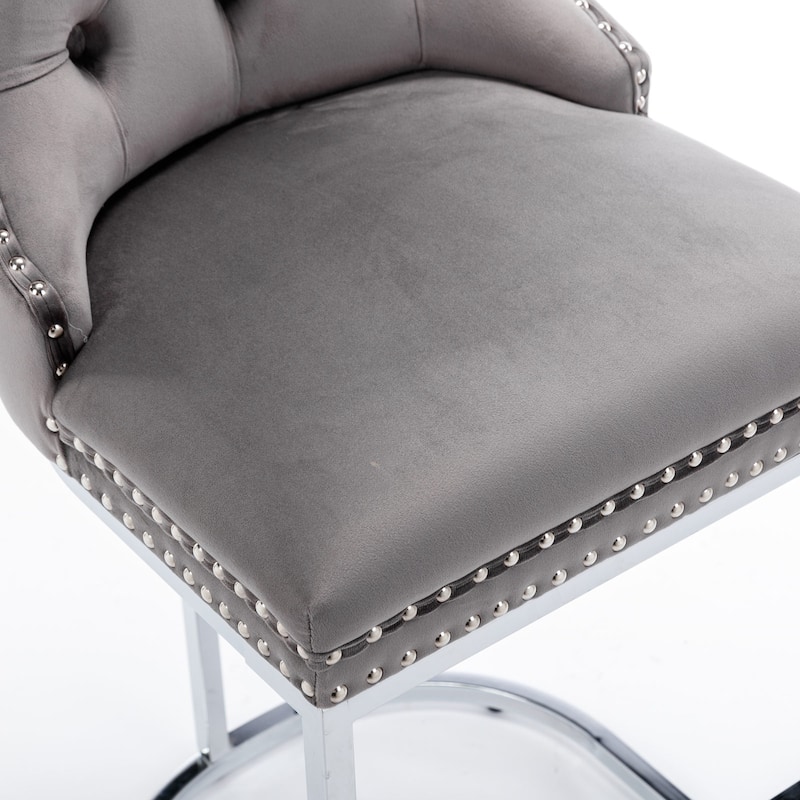 Counter Height Bar Stools Set of 2, Velvet Upholstered Accent Chairs with Button Back, Rivet Trim and Chromed Metal Base Legs