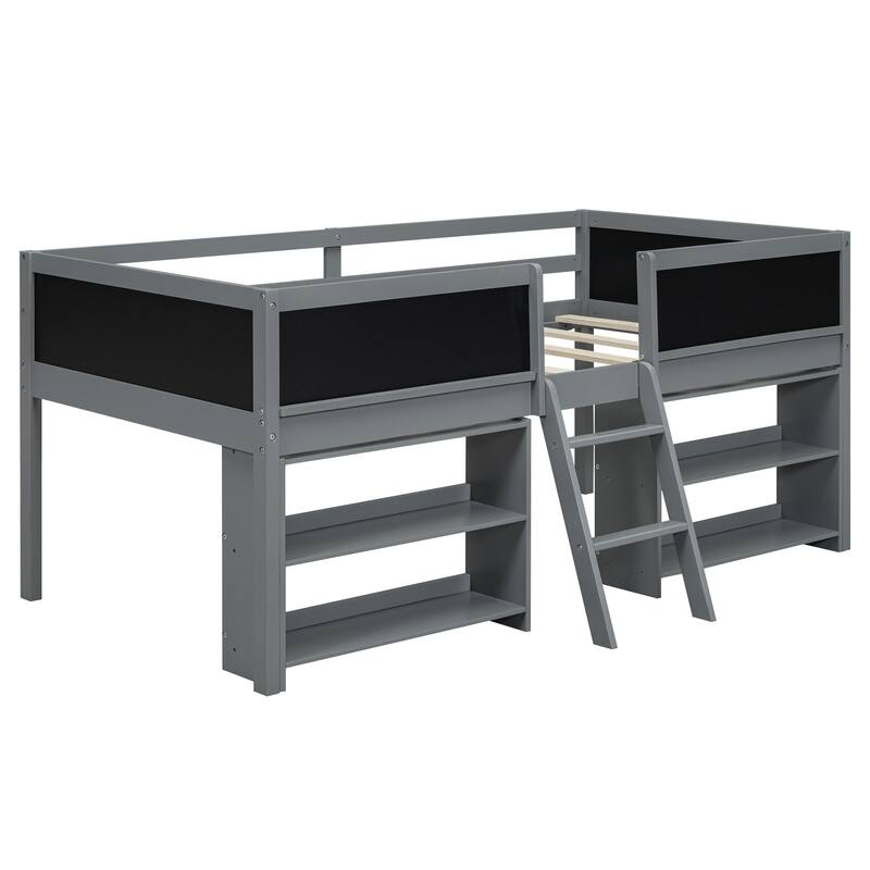 Twin Size Low Loft Bed with Movable Shelves, Chalkboard Guardrail, and Ladder