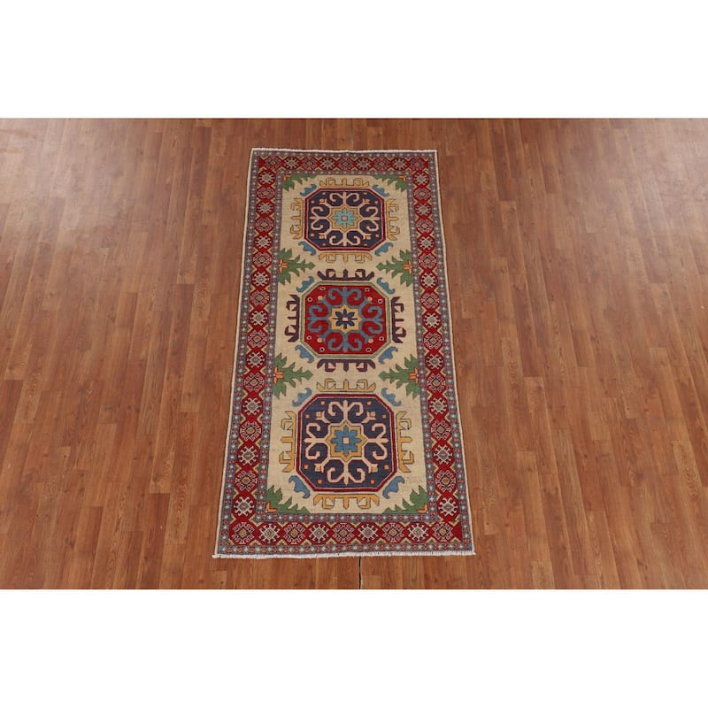 Beige Kazak Runner Rug Hand-Knotted Wool Carpet - 3'3" x 6'10"