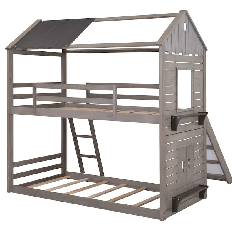 Twin Over Twin Bunk Bed Wood Bed with Roof, Window, Slide, Ladder - Bed ...