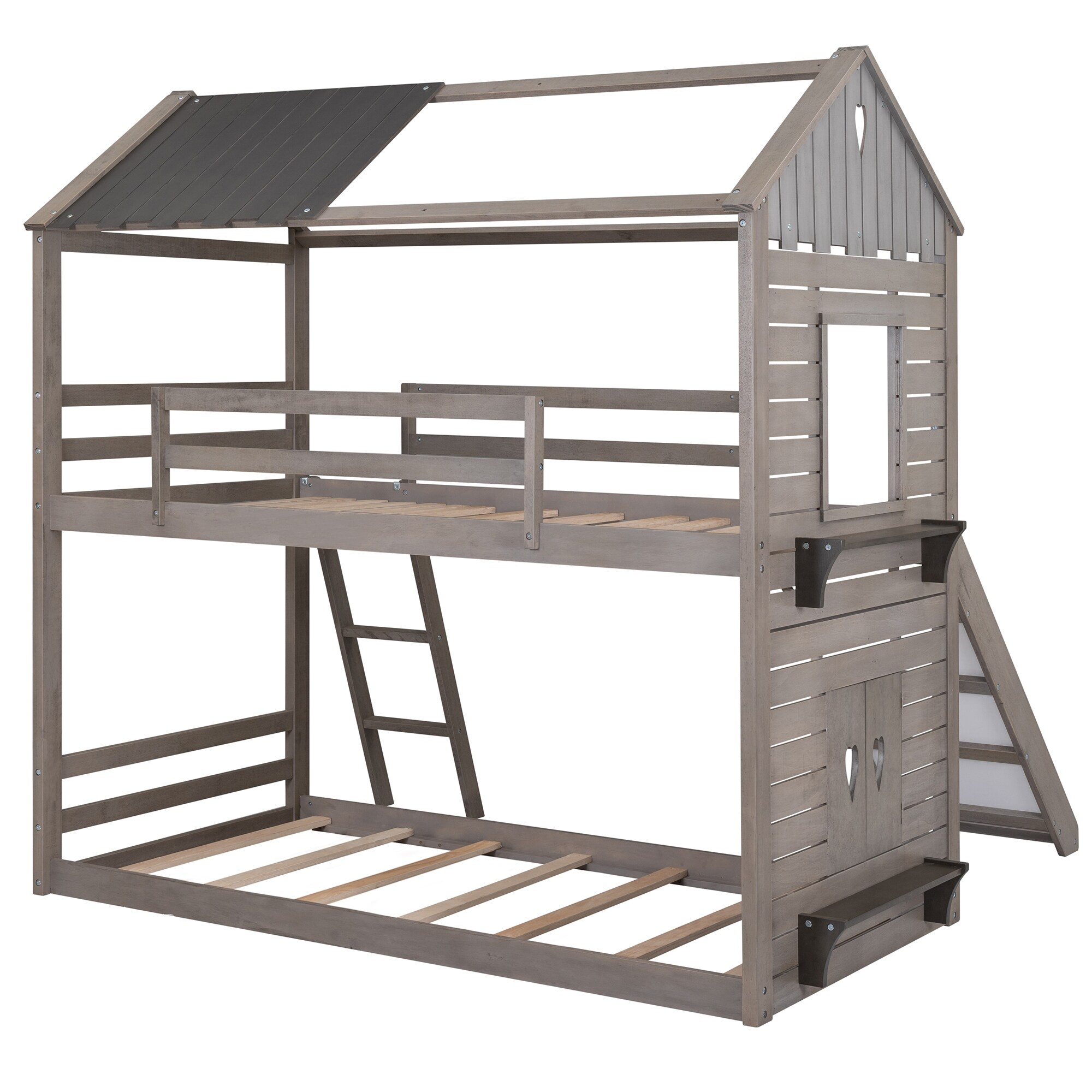 Twin Over Twin Wood Bunk Bed With Roof, Window, Shelf, Slide And Ladder ...