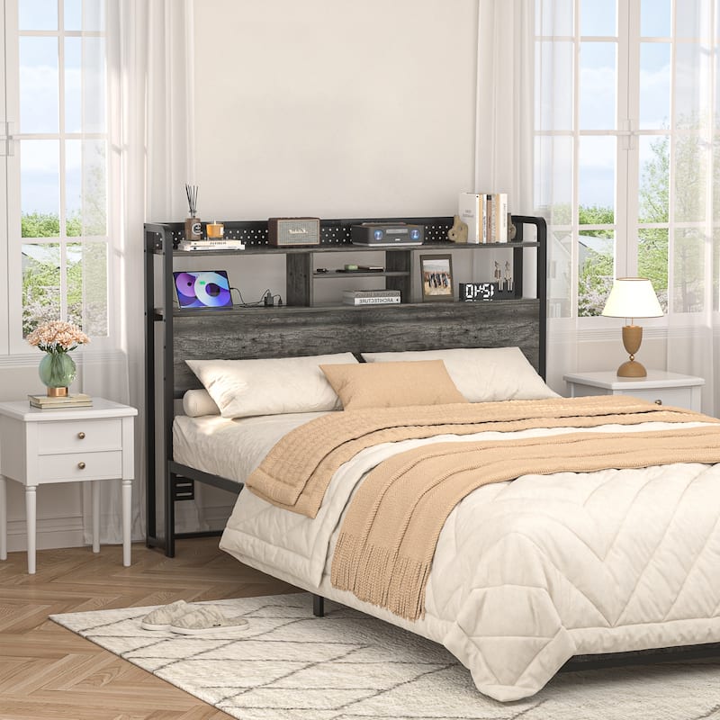 Bed Headboard with Storage Shelf and Charge Station, Height Adjustable Headboard with LED Light