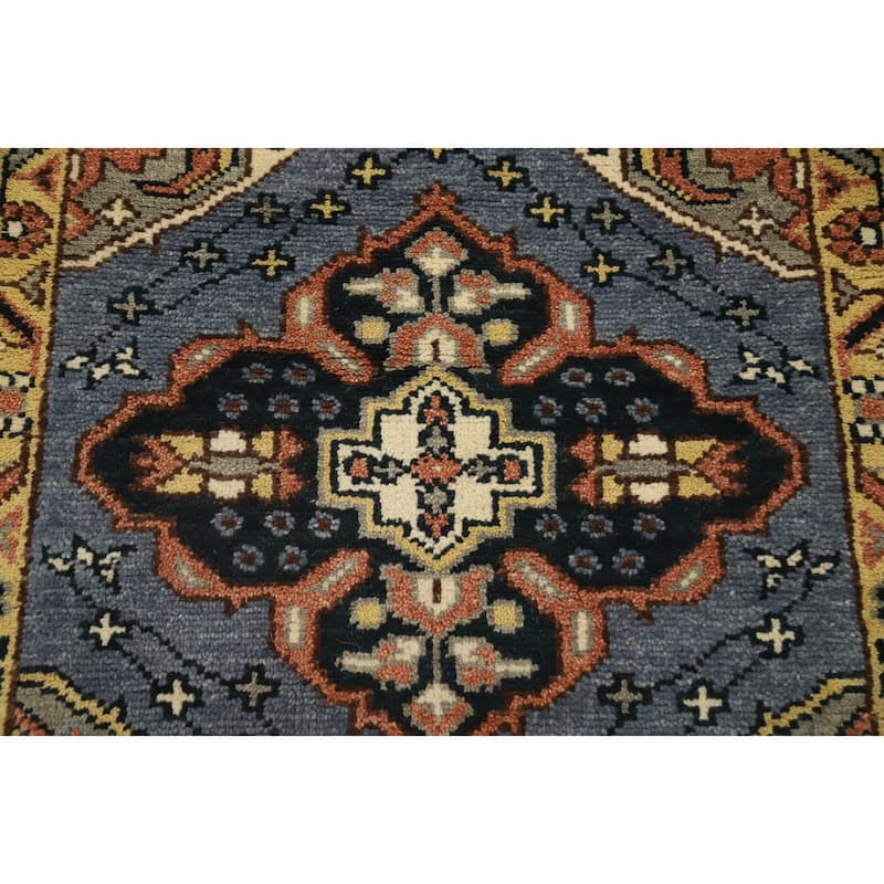 Hand Knotted Oriental 100% Wool Carpet Traditional Geometric Navy Blue & Blues Kazak Area Rug - 10' 2'' X 2' 6''