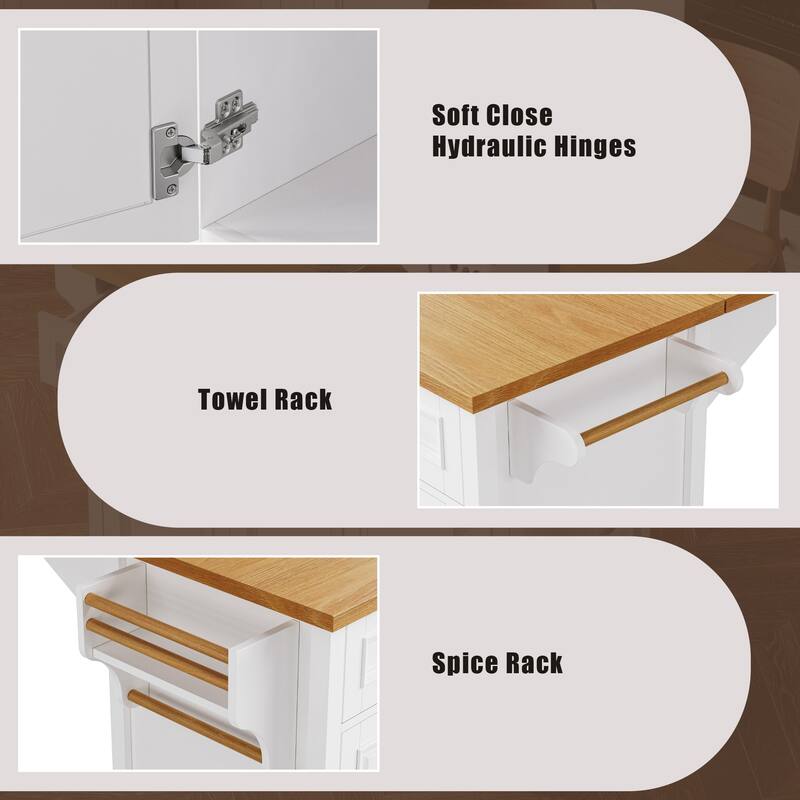 52" Rolling Kitchen Island Cart, Embossed Texture Kitchen Island on Wheels, Kitchen Storage Cart with Drop Leaf