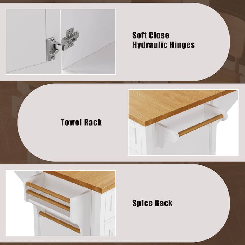 Rolling Kitchen Island with Drop Leaf, Kitchen Storage Cart with Spice Rack, Fold Dining Table with Adjustable Shelf