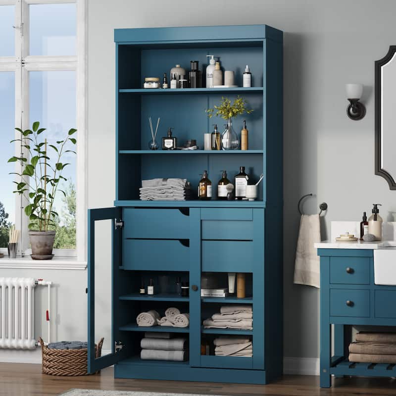 100% Solid Wood 32" Bathroom Cabinet with Optional Doors, 2-Drawers by Palace Imports - Teal Blue - 2 Glass Doors
