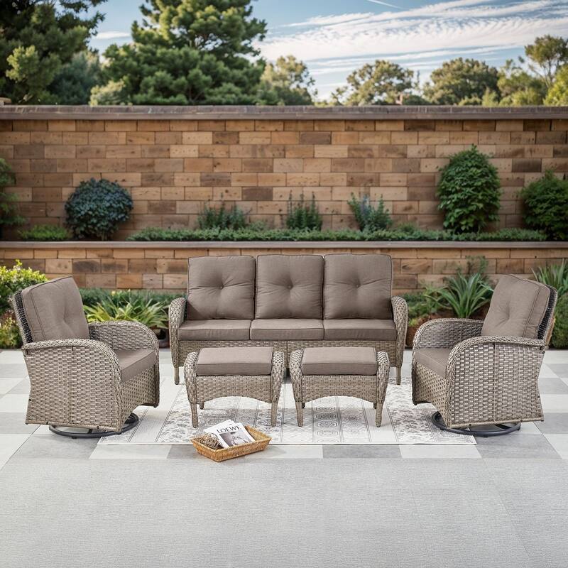 Gymojoy 5-Piece Outdoor Wicker Patio Furniture with 3 Seat Sofa & Swivel Chair, Coversation Set with Water Resistant Cushions - Grey Wicker / Grey Cusion - 5-Piece
