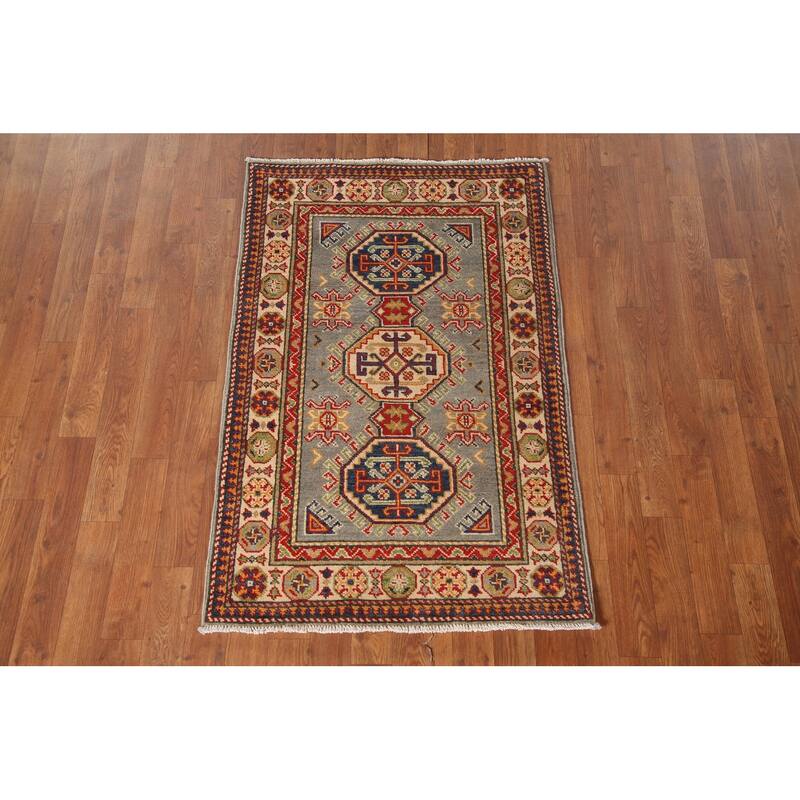 Geometric Kazak Oriental Accent Rug Handmade Grey Wool Carpet - 2'8" x 4'2"