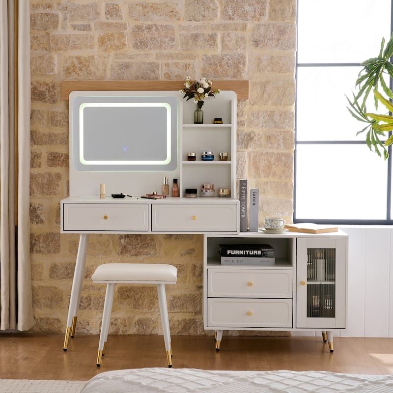 Modern Makeup Vanity Desk with Mirror,Lights and Drawers and Cabinet - White