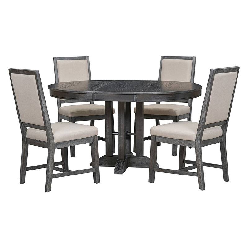 5 PCS Dining Set for 4 - Extendable Round Table with 4 Upholstered Chairs