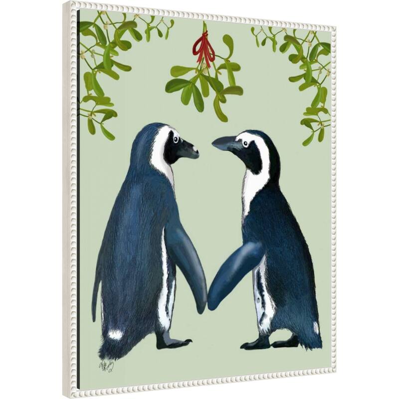 Penguins And Mistletoe by Fab Funky (23 x 28 in.), Framed Canvas Wall Art Print - Sylvie Beaded White