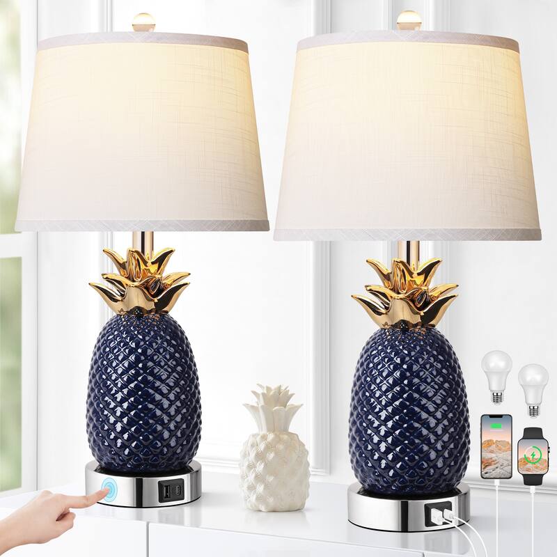 22" Pineapple Table Lamps Set of 2, 3 way Dimmable Ceramic Table Lamp, Modern Table Lamp with USB Port,Bulbs Included, 9W - Blue