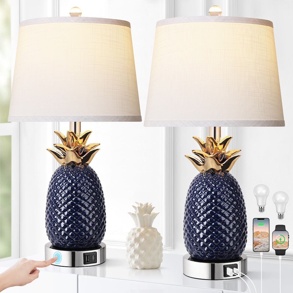 22" Pineapple Table Lamps Set of 2, 3 way Dimmable Ceramic Table Lamp, Modern Table Lamp with USB Port,Bulbs Included, 9W