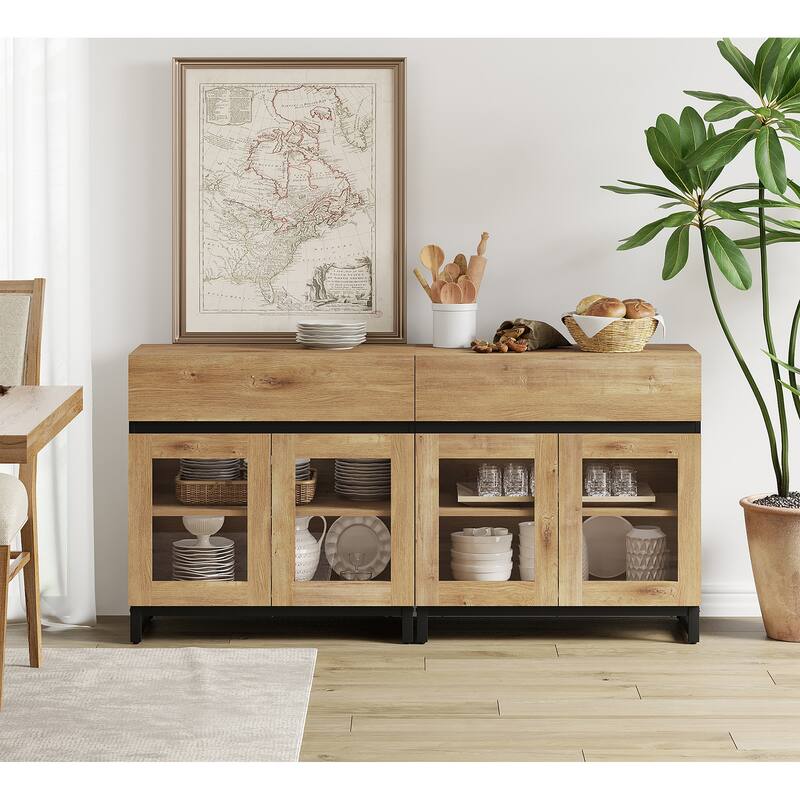 WAMPAT Multifunctional Sideboard Buffet Cabinets with 6 Glass Doors and Drawers, Modern Sideboard, Coffee Bar Storage Cabinet