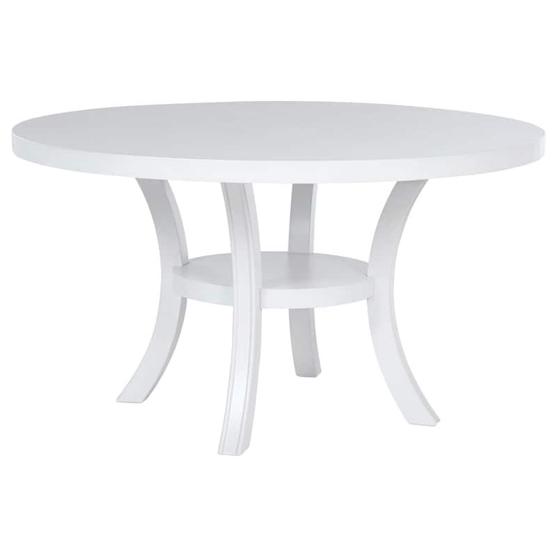Judy Round Dining Table with Shelf and Flared Legs, White Wood 54 Inch