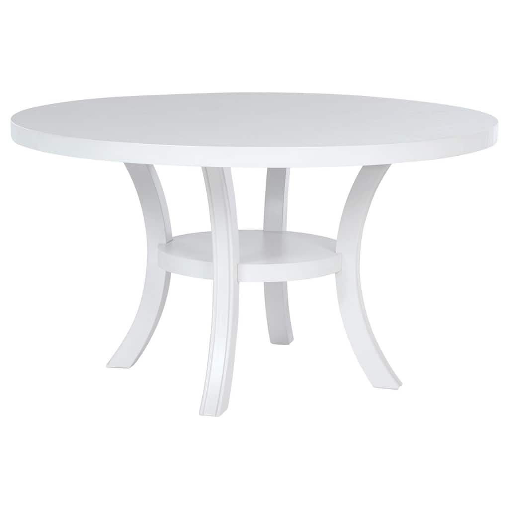Judy Round Dining Table with Shelf and Flared Legs, White Wood 54 Inch