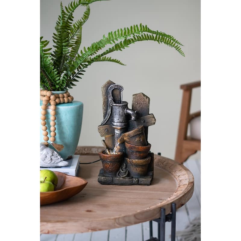 7.7x3.9x13.6" Brown and Gray Water Fountain with Antique Water Pump Design and LED Light