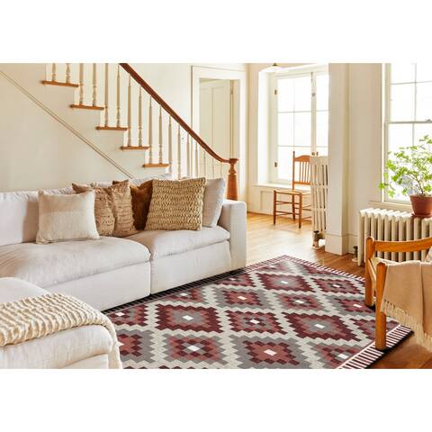 NuStory Mosaic Panja Collection Hand-Made Contemporary Area Rug in Red