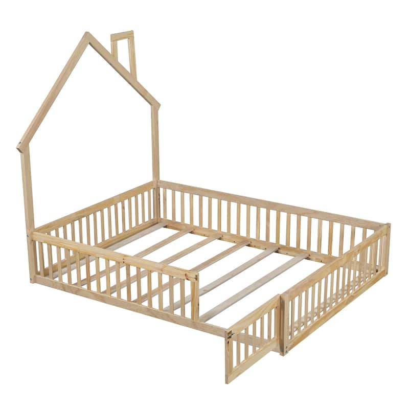 Natural Full Size Solid Wood House Platform Bed with Guardrail